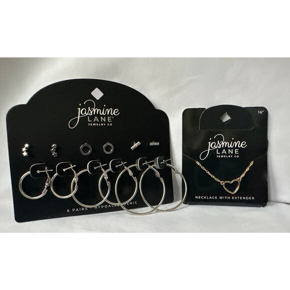 New Silver Hoop & Stud Earring Set with Gold Heart Necklace by Jasmine Lane - Picture 1 of 11